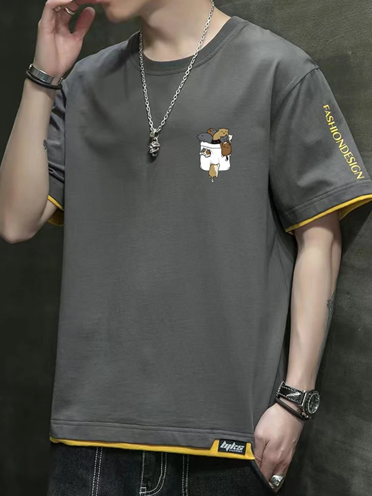 

Trendy Cotton ort Sve T-irt Men's Summer Loose Casual Versatile Top New Hong Kong Sle Leisure f Sve Body irt