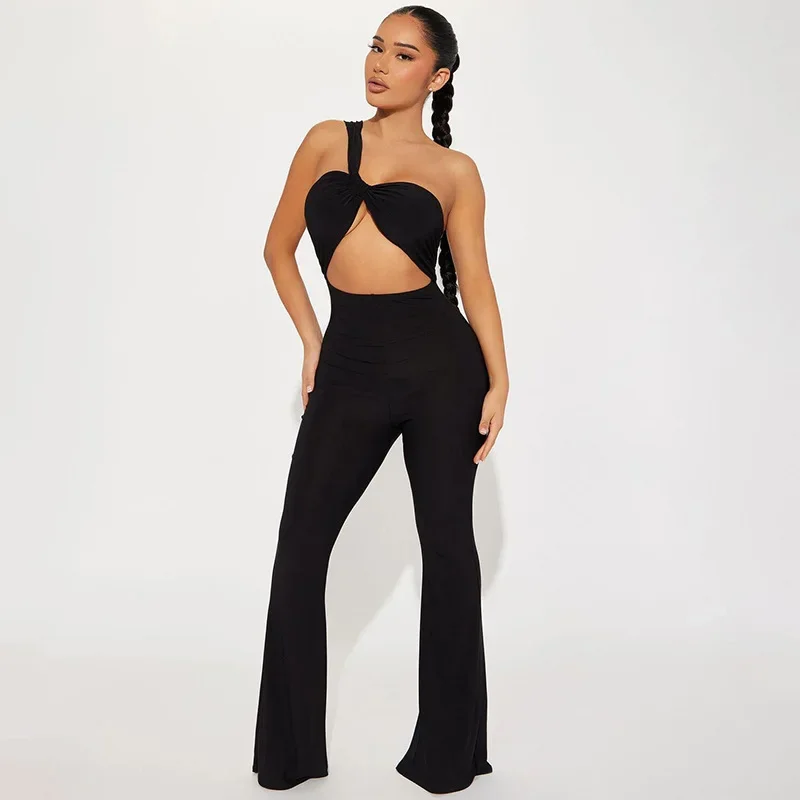 

Twist One Shoulder Flare Jumpsuits Sexy Hollow Out Strapless Backless Slim Casual Streetwear Overalls Women Solid Rompers