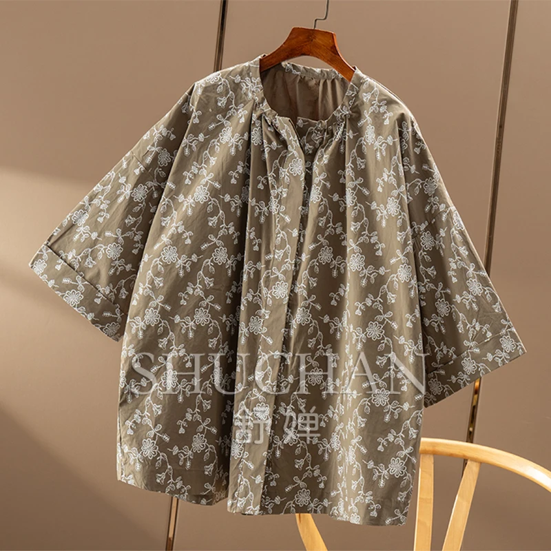 Elegant Literature and Art, French  Retro Floral Pure Cotton Large Silhouette Seven-quarter Sleeve Shirt Women Blouse