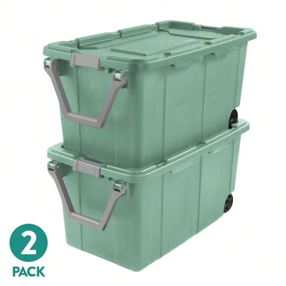 2 Pack 40 Gallon Wheeled Plastic Storage Bins Green Heavy Duty Rolling Storage Containers With Latch Lid Pull Handle Stackable Storage Tote Trunk For Garage Basement Home Organization Gift