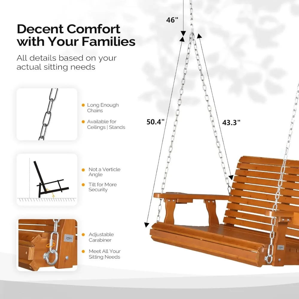 أرجوحة شرفة خشبية شديدة التحمل في الهواء الطلق مقاس XL مع حاملات أكواب، مقعد كرسي أرجوحة معلق بسعة 880 رطلاً
