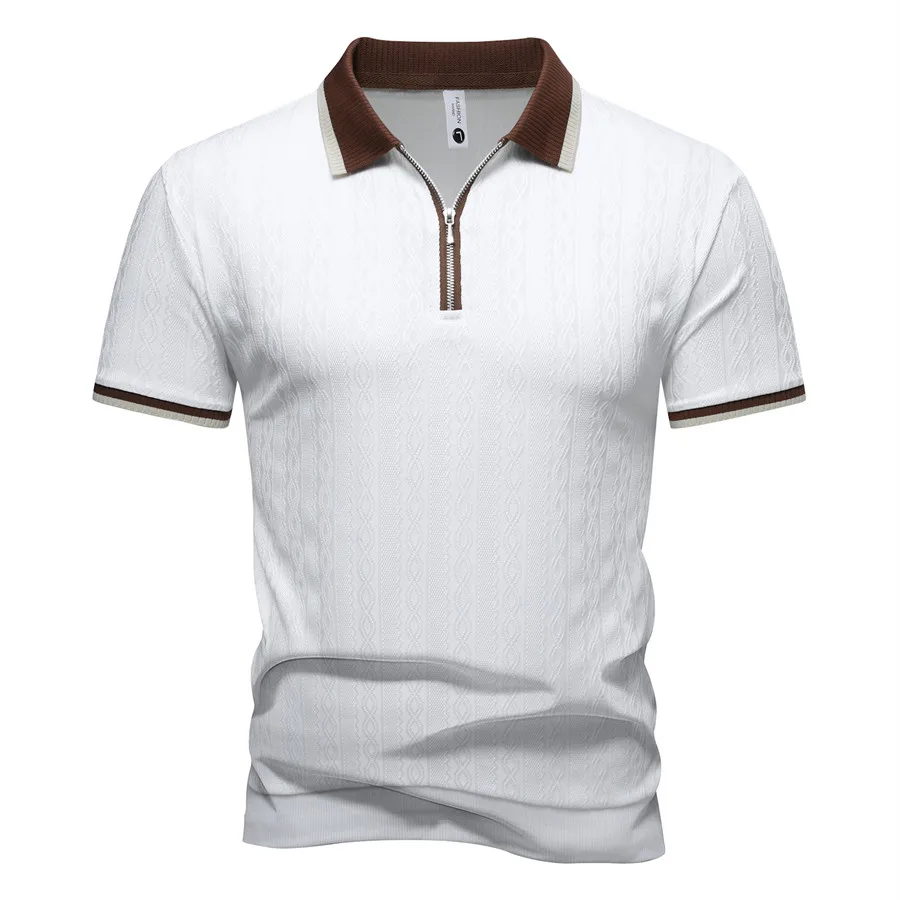 New Summer Men's Zipper Design Short Sleeve Polo Shirts Breathable Casual Slim Fit Contrast Lapel Collar Streetwear Basic Tops