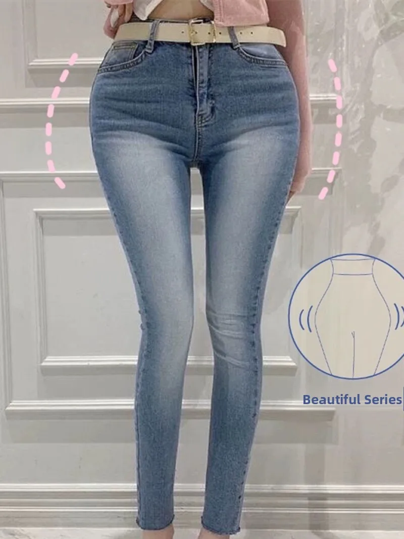 

High Waist Slim Fit Blue Waed l Sle Women's Pencil Jeans Cotton Stretch Denim Retro High Waist Skinny Jeans