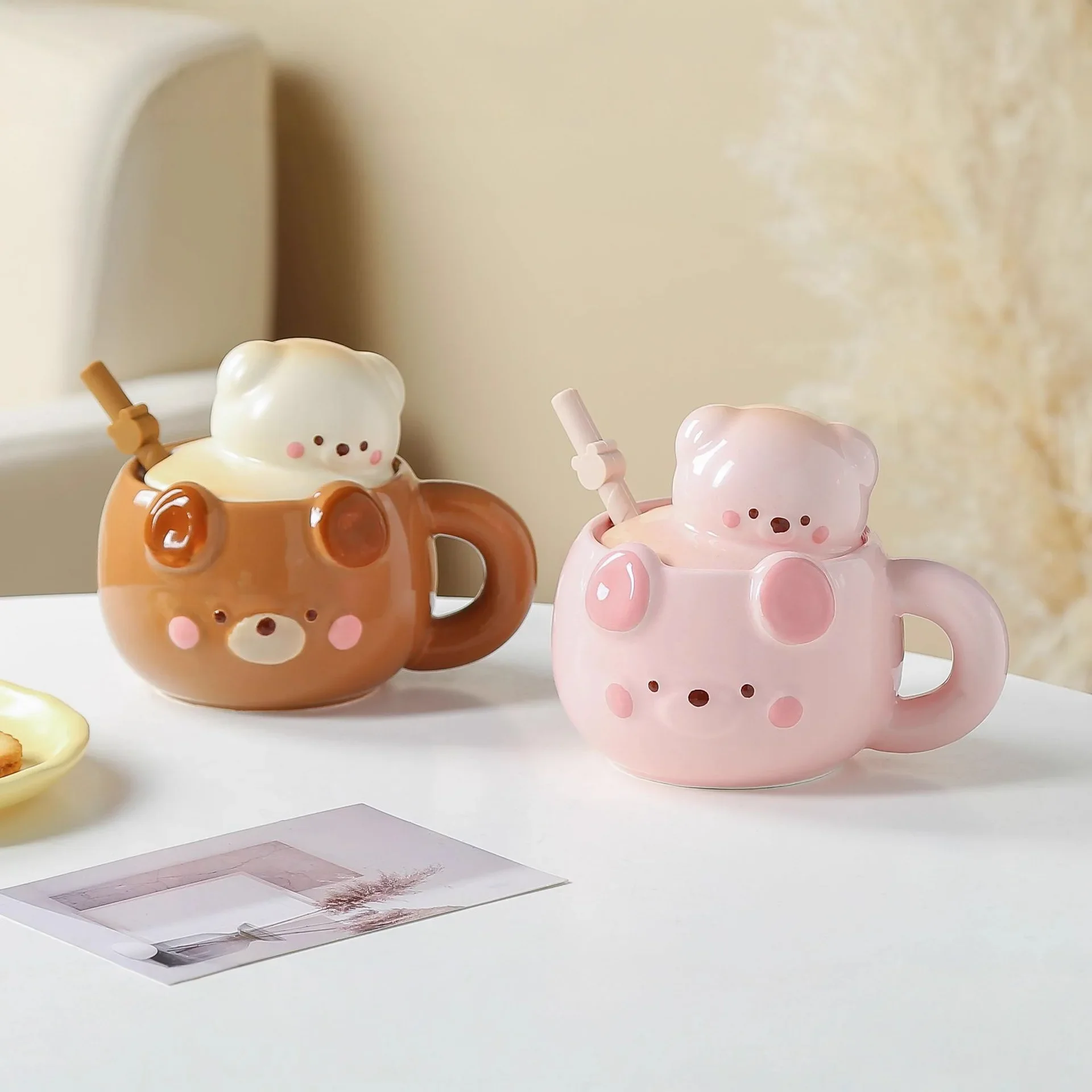 Bear Mugs with Lid High Appearance Level Ceramic Cups Creative Design Sense Milk Breakfast Cups Birthday Gifts Festival Presents