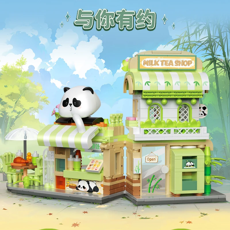 

Creative Panda Milk Tea Shop Ice Cream Shop Model Mini Building Blocks Folding StreetView Brick For Children Assembled Toys Gift