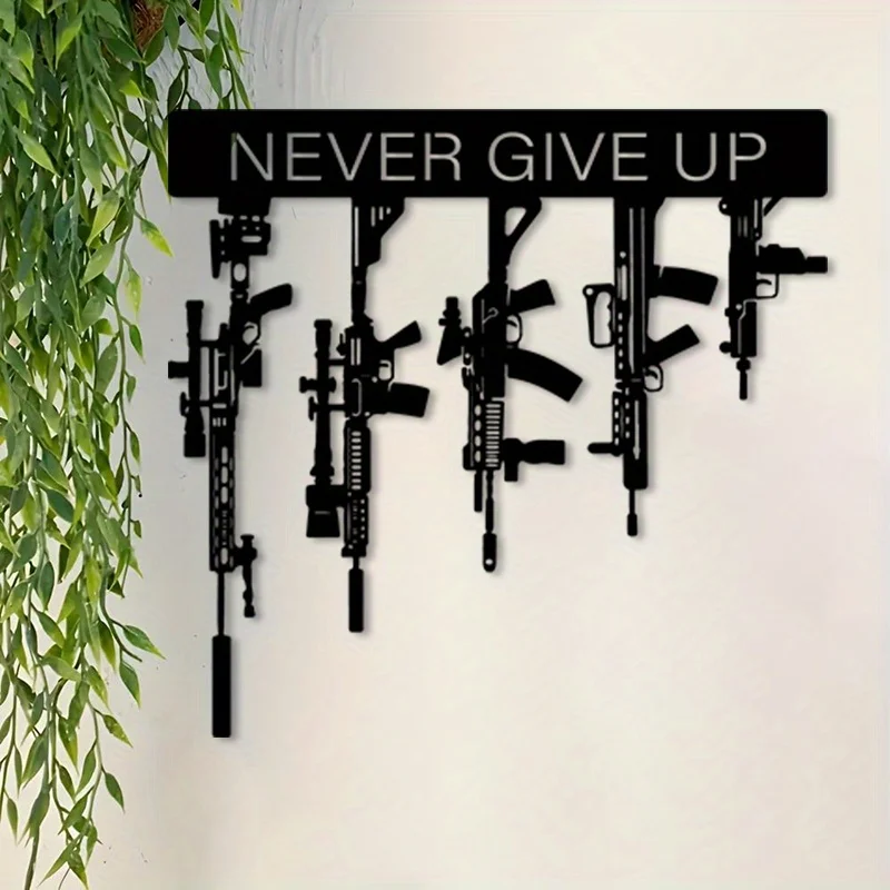 CIFBUY Vintage Metal Wall Art Never Give Up Gun Silhouette Durable Iron Pistol Rifle Decor for Man Cave Military Room