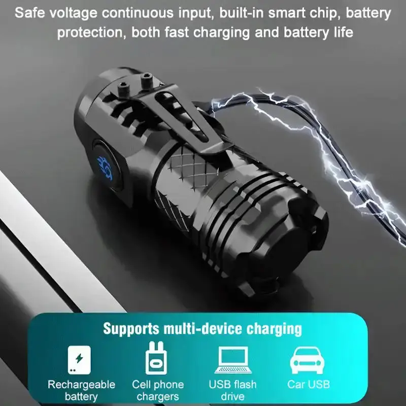 Portable Mini 3LED Super Bright Torch Light USB Rechargeable Outdoor Camping Emergency Waterproof Long-range Flashlight