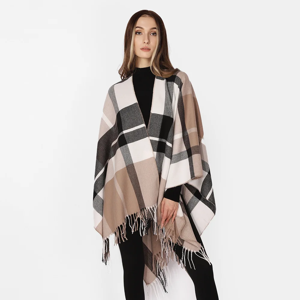 

Fashion Vintage Double Sided Plaids Imitate Cashmere Poncho Cape Outerwear Unisex Autumn Winter Summer Travel Shawl Cloak