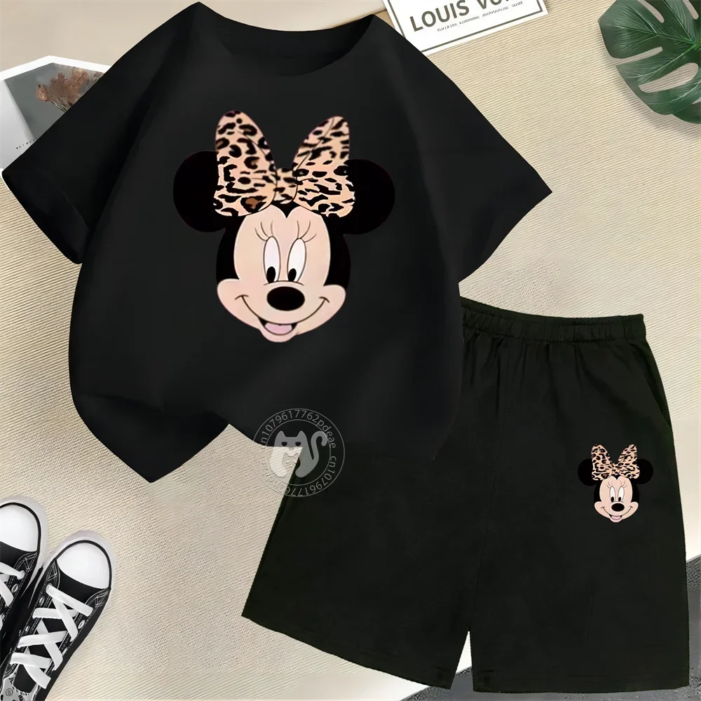 Summer Cartoon Boys & Girls 100% Cotton T-shirt + Shorts Kids Disney Open Minnie Print Fashion Street Boys & Girls Casual Suit