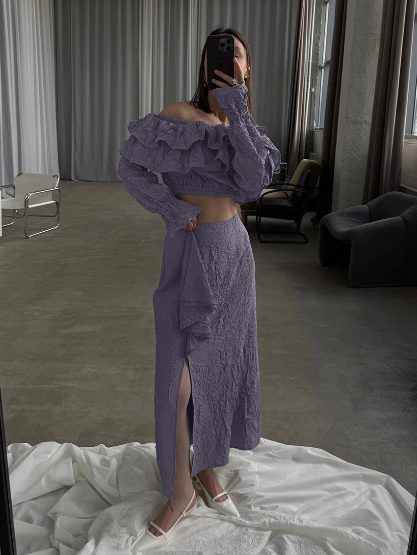 Marthaqiqi Elegant Ladies Pajama Suit Slash Neck Sleepwear Long Sleeve Nightwear Crop Top Nightgown Long Skirts Femme Pyjama Set