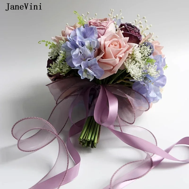 JaneVini Slub Pink Purple Sposa Fiori Bouquet Rose artificiali fatte a mano Bouquet da sposa da sposa Puntelli per fotografia Rosa De Boda