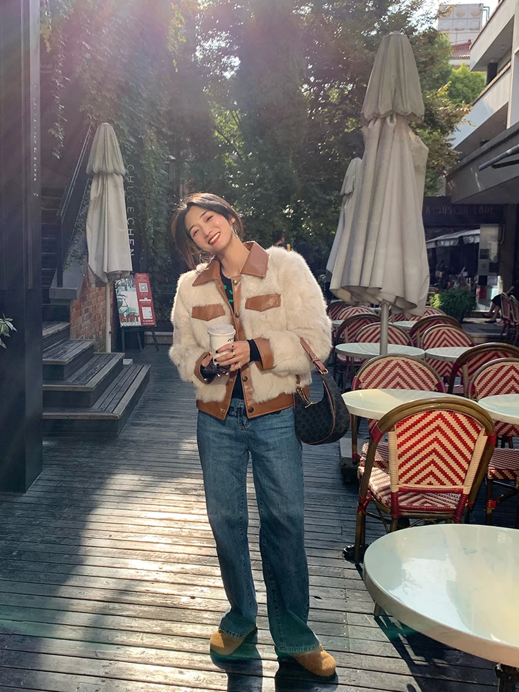 Abnehmen Faux Pelz Jaet frauen Patchwork Leder Weiß Echt Kaninchen Pelz Pelzmantel Pendeln Sle Koreanische Version ort Länge