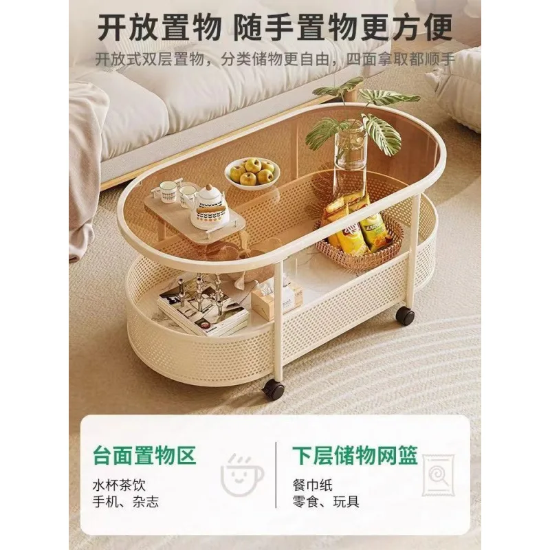 Simple Modern Movable Coffee Table with Wheels Light Luxury Glass Side Table