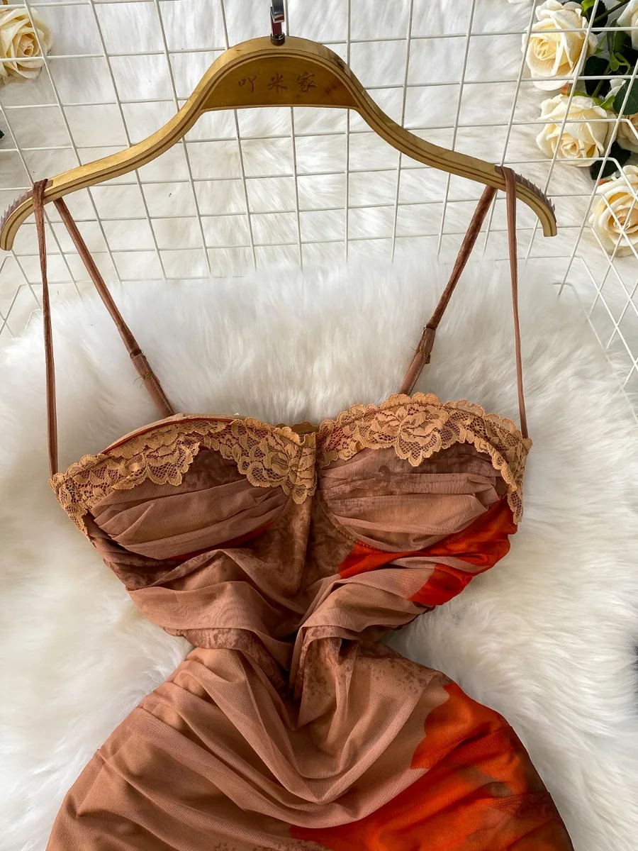 Foamlina Fashion Elegant Niche Lace Trim Halter Dress Women Summer Mesh Pleated Print Cinched Waist Maxi Dress Boho