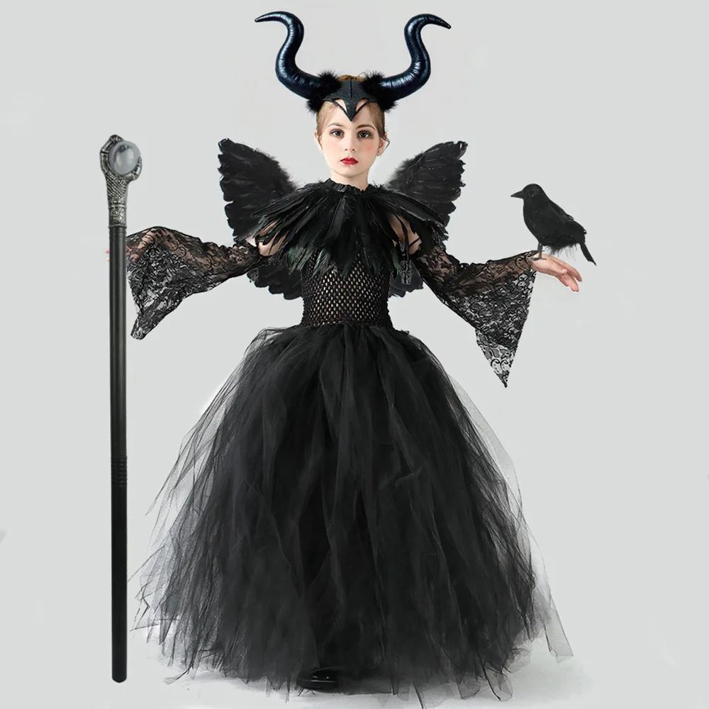 

Black Devil Tutu Costume Gothic Halloween Girls Fancy Tutu Dress with Feather Shawl Villain Royal Dark Queen Gown Dress