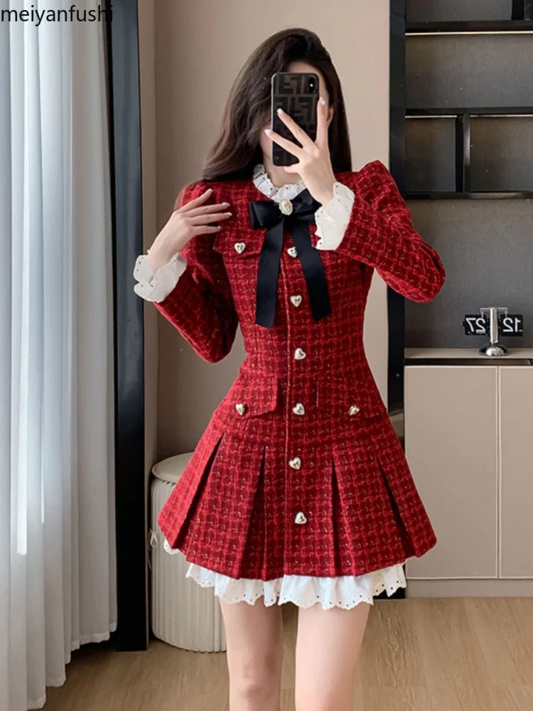 Ruby Love Tweed Mini Dress Red Elegant and Fashionable Round Neck Embroidered Mesh Cuffs Hem Heart-shaped Buttons Spring Autumn