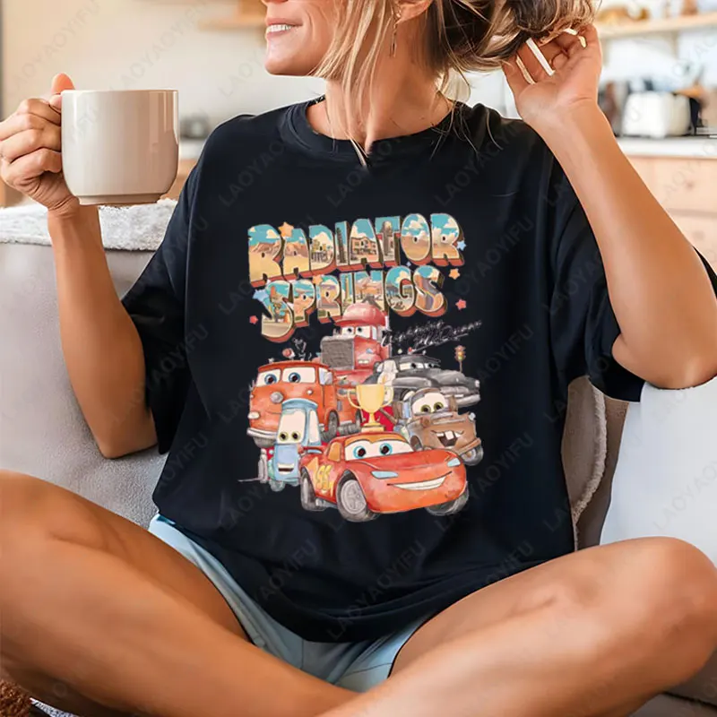 

Retro Radiator Springs Tshirt Lightning McQueen Shirt Fun Cartoon Cars Movie Tees Two-sided Printed Men Woman Cotton Casual Tops