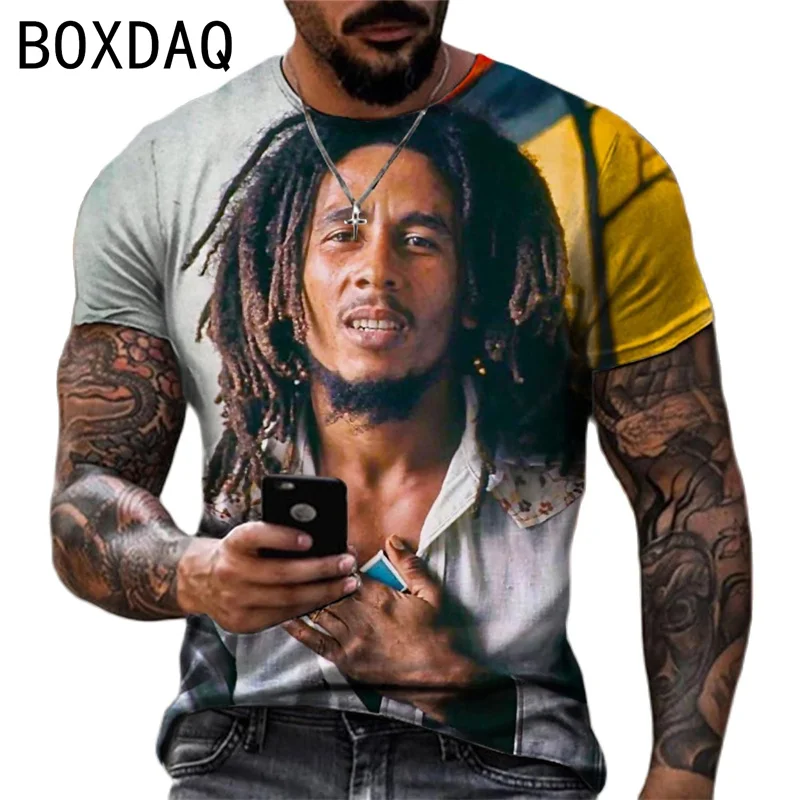 T-shirt dos homens de grandes dimensões Cool Rock Bob Marley Imprimir Tops Verão O-pescoço Manga Curta Street Hip-hop Camisa Personalidade Homens