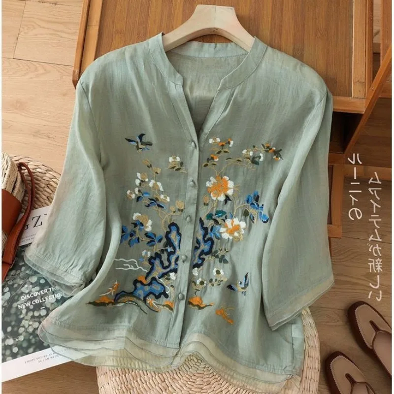Kaus Vintage bordir mewah, pakaian wanita tren atasan kardigan kasual longgar mantel pendek kancing Patchwork musim panas blus