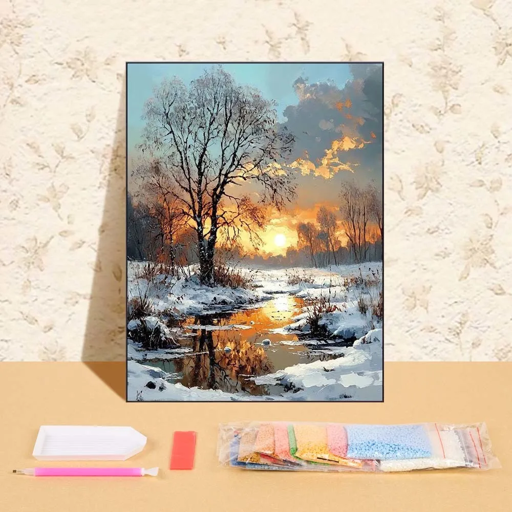 

DIY Diamond Painting Full Round Rhinestone Embroidery Kit Sunset Winter Landscape Modern Friend Gift 5D Craft Decor For Home