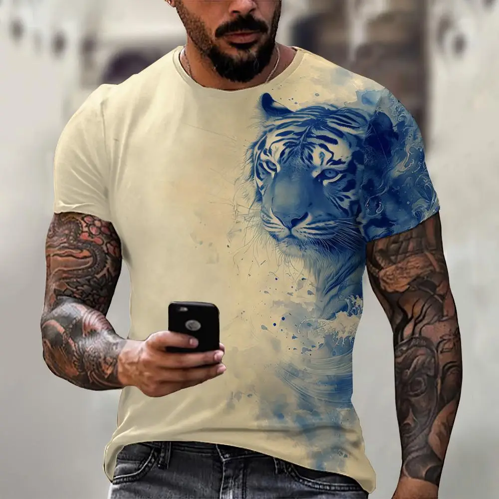 Vintage T-shirt Retro Animal Print T-shirt Tiger Lion Pattern Short sleeved T-shirt Streetwear Oversized Men Clothing Top Summer