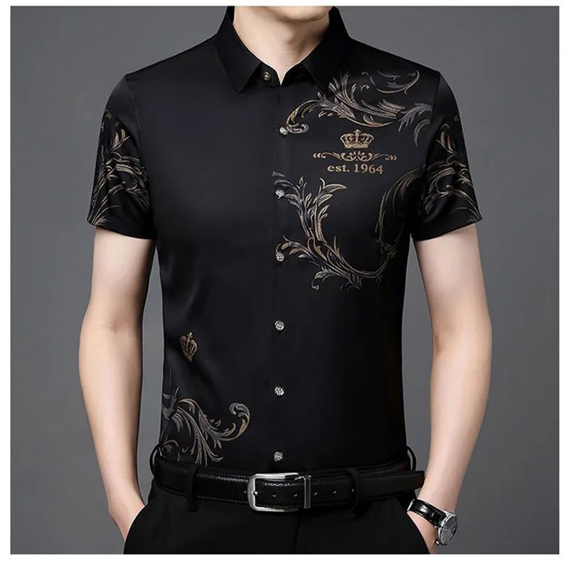 Fashion Men Summer Short Sleeve Smooth Shirt Korean New Quick Dry Male Clothes Lapel Floral Print Button Casual Loose Thin Tops