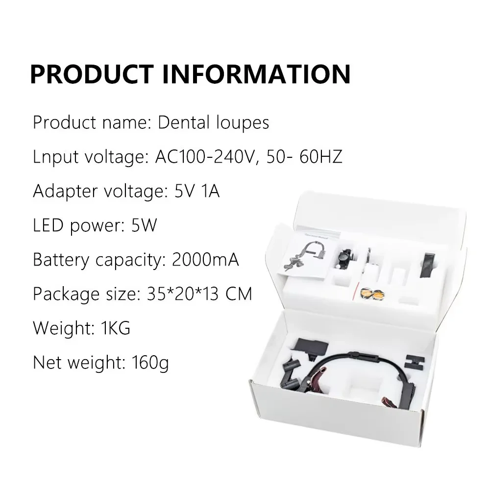 Paquete de cajas de cartón, lupas Binocular de faro LED quirúrgico Dental, aumento de 2.5X o 3.5X, diadema cómoda