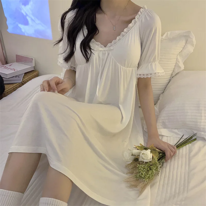 Modal Sexy Lace Edge Nightgown Summer Short Sleeve Sweet Fresh Fairy Princess Nightdress Loose Casual Home Clothes Sleepwear