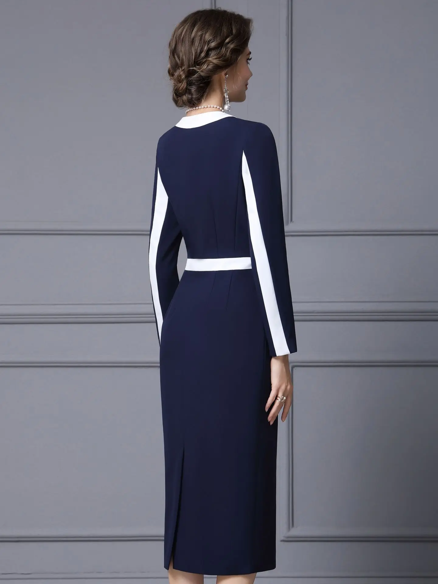 ZJYT Runway Fashion Autumn Color Block White and Blue Office Dress Women Elegant Long Sleeve Brief Midi Straight Dresses Vestido