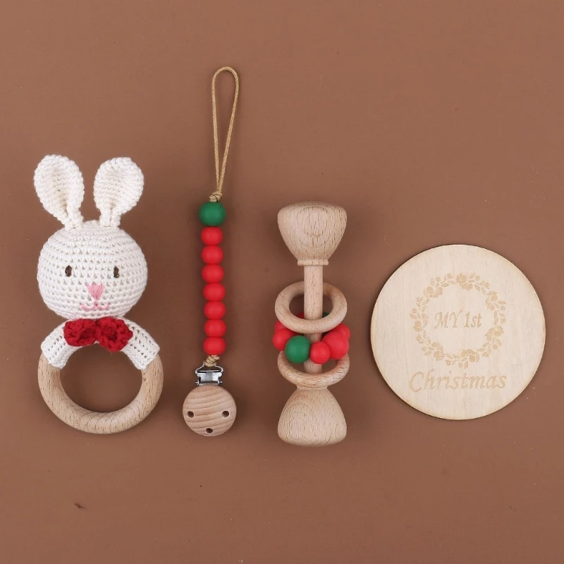 1 Set Crochet Bunny Baby Rattle Wooden Mobile Crib Play Gym Rattle Toys Silicone Beads Pacifier Clip Newborn 1st Christmas Gift