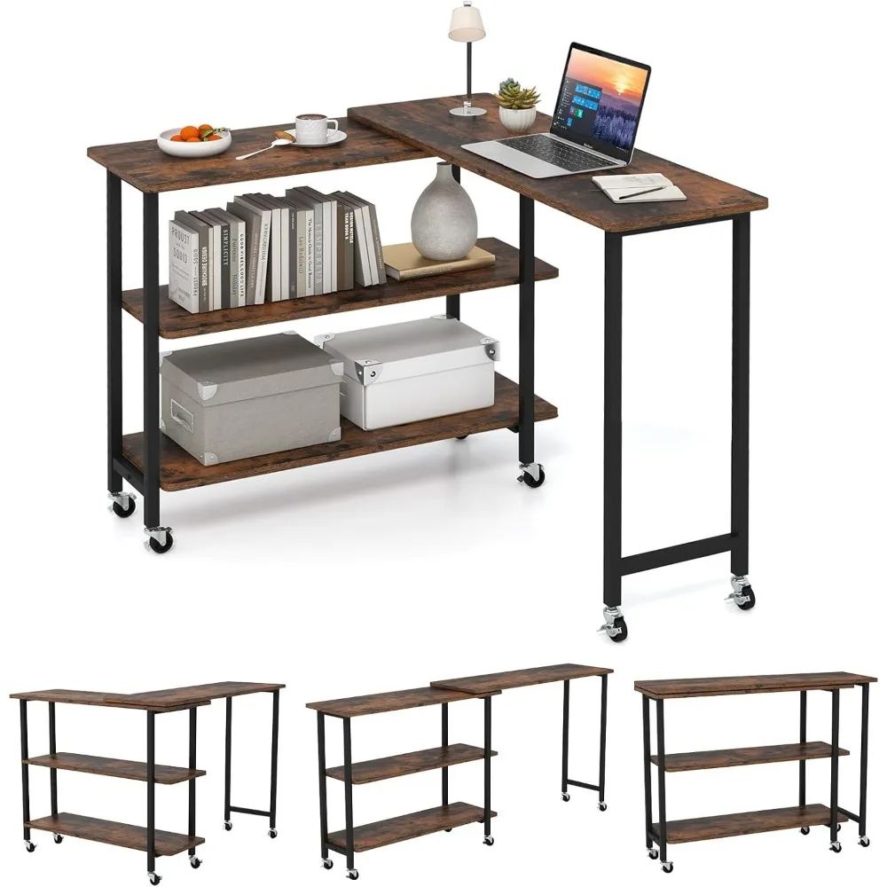 360° Rotating Sofa Side Table, Mobile End Table Couch Side Table with 2-Tier Storage Shelves, Swivel Rolling Desk w/Metal Frame