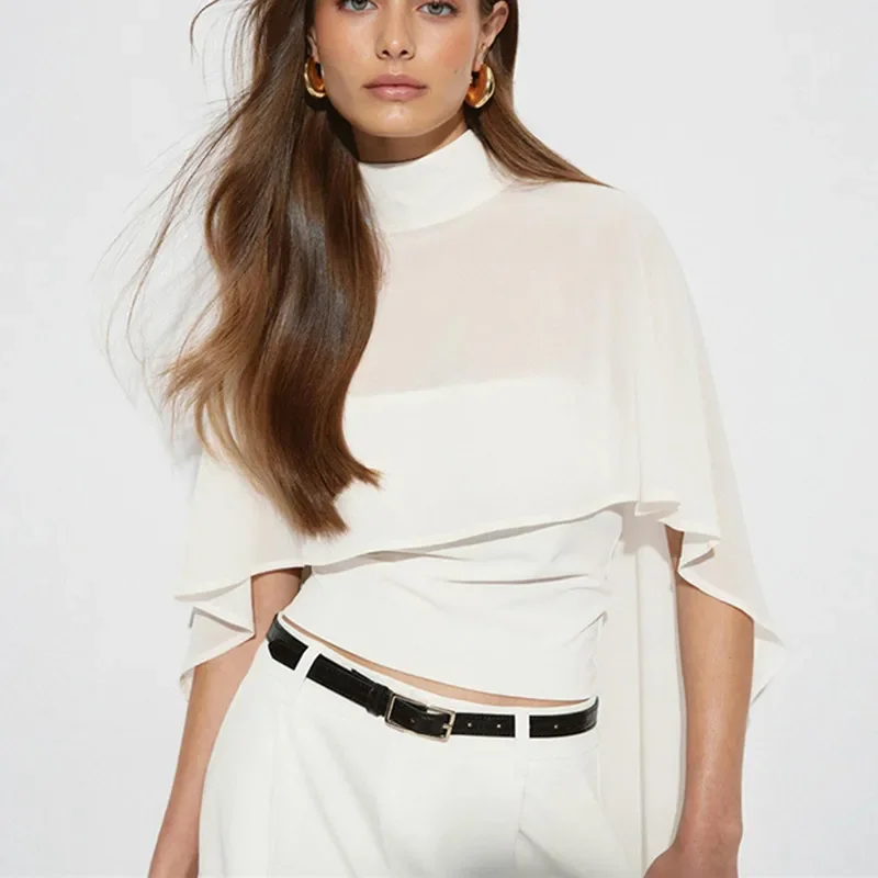 Women 2 In 1 Chiffon Cape Shirts Mock Neck Sheer Flowy Cloak Sleeve Crop Tops Slim Fit Inner Tube Layered Elegant Party