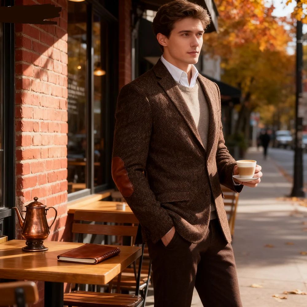 

Men's Brown Fish Spine Blazer 1-Piece Lapel Embossed Office Business Winter Terno Jacket Casual Outerwear