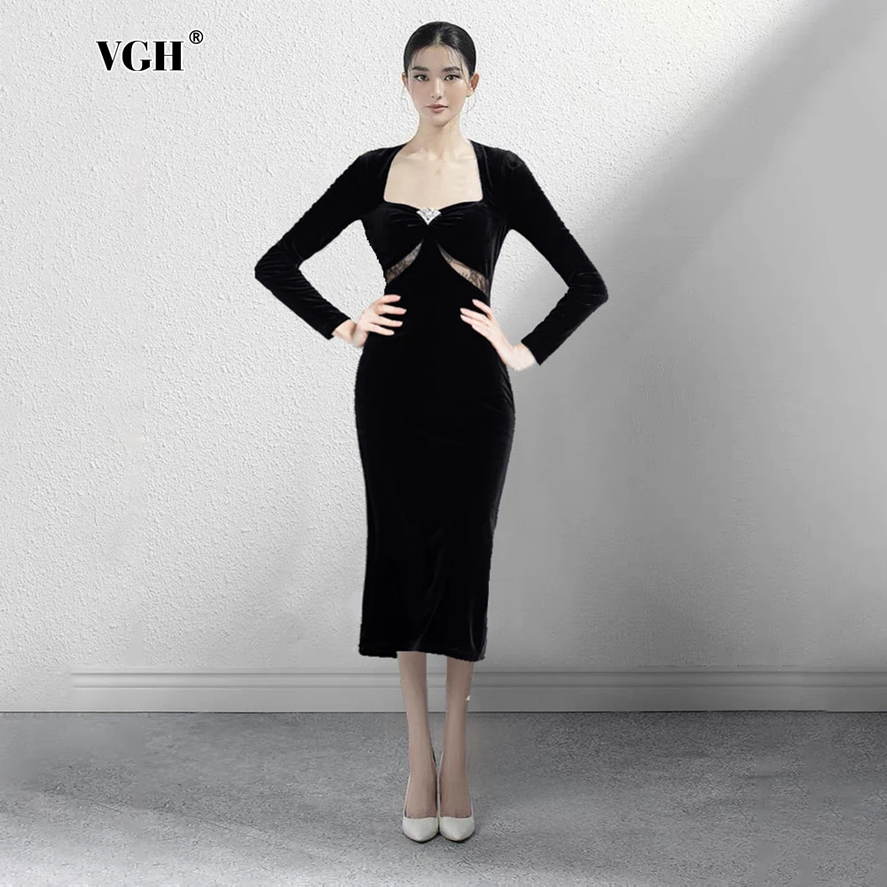 

VGH Temperament Spliced Bowknot Slimming Dresses For Women Square Collar Long Sleeve High Waist Patchwork Diamonds Dress Female