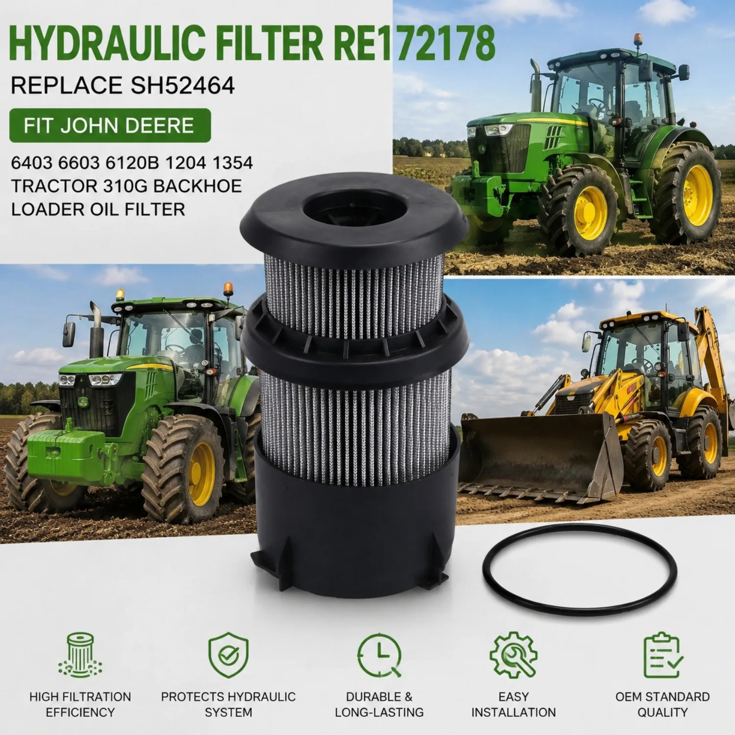 Filtro Hidráulico RE172178 Reemplaza SH52464 Compatible con John Deere 6403 6603 6120B 1204 1354 Tractor 310G Retroexcavadora Cargadora Filtro de Aceite