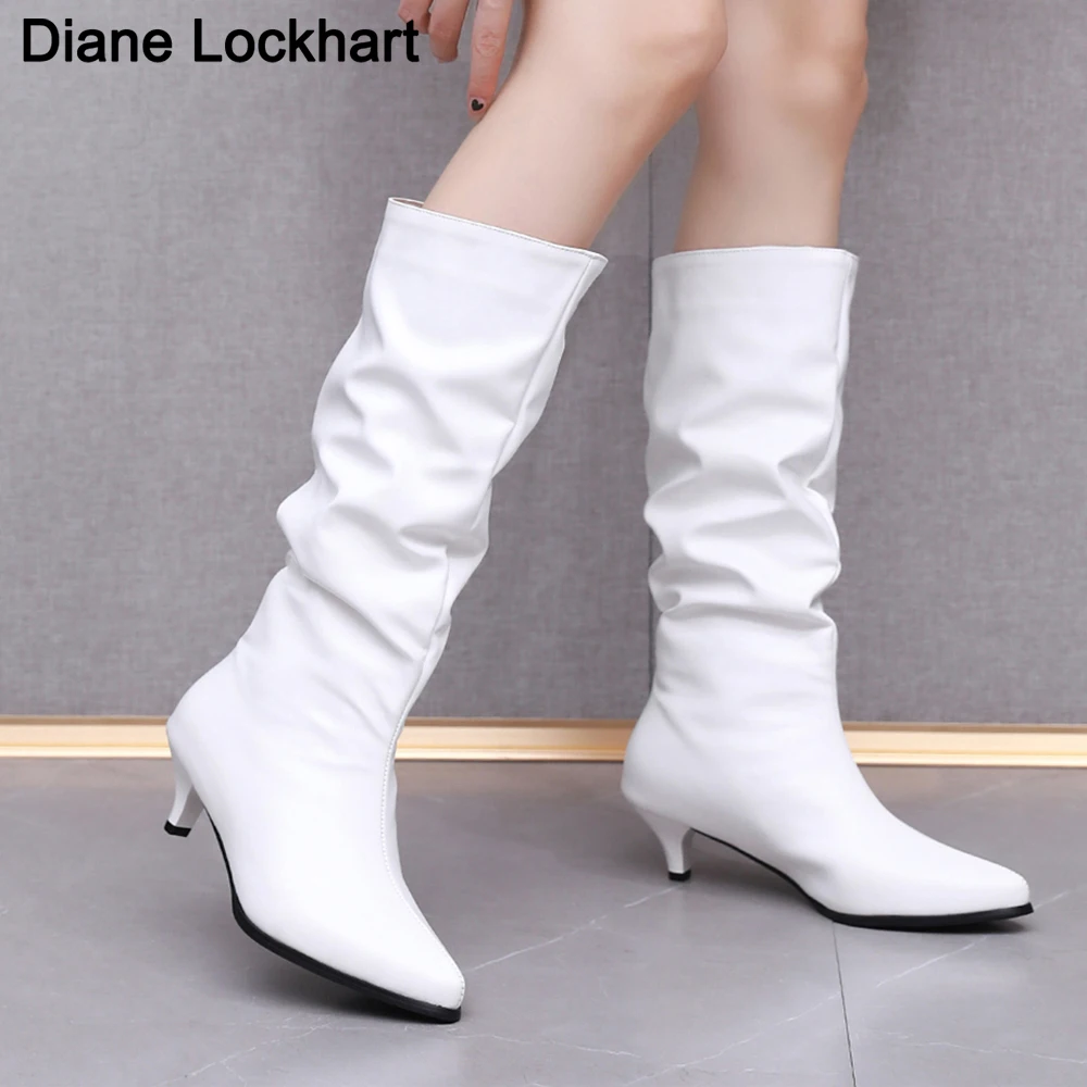 Sexy Women Pleated Half Boots Pointed Toe 5CM Stilettos Heels Slip on White Women\'s Mid-Calf Boots Womens Shoes 41 44 Dropshipp