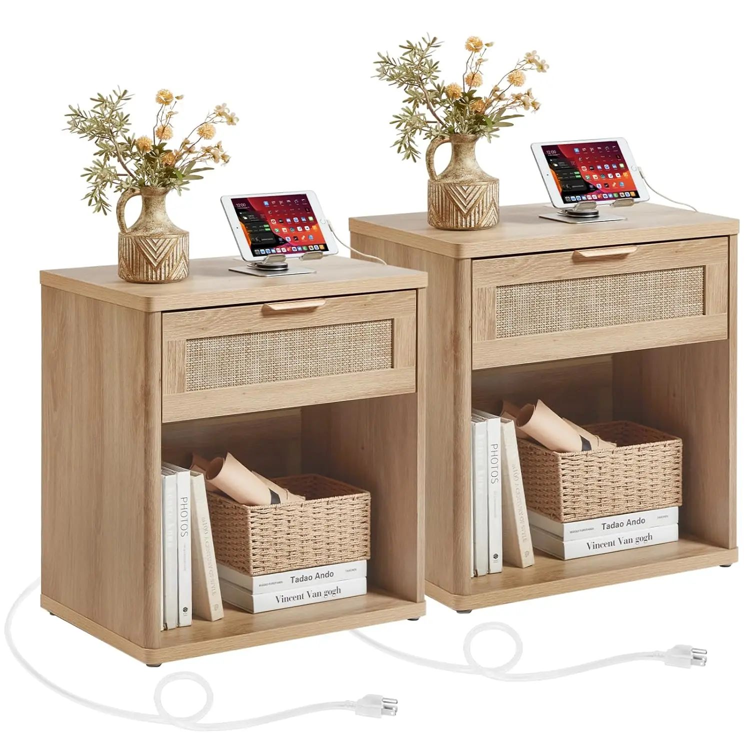 Rattan Nightstand Set 2 Charging Station 23