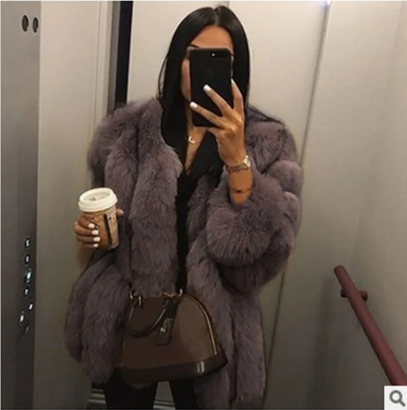 Women Open Front Faux Fox Fur Mid Length Coat Long Sleeve Plush Warm Outerwear for Party Daily Winter Wear image 3