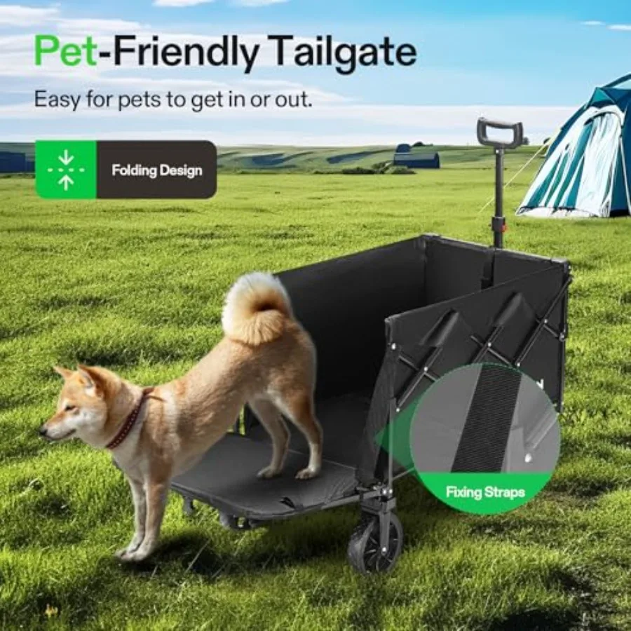 Wagon pliable avec hayon, capacité de 320lb, utilitaire d'extérieur avec roues tout-Terrain, porte-gobelets à poignée réglable pour le camping