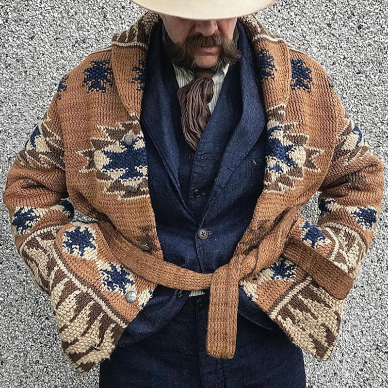 Vintage Mens Thick Knit Warm Lapel Jackets Street Wear Casual Print Sweater Coat With Belt Winter Male Long Sleeve Knitting Coat