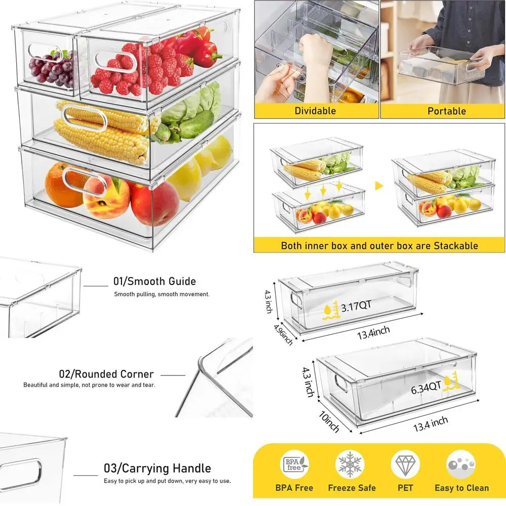 

Stackable Clear Fridge Drawers for Kitchen: 2 Large & 2 Small Organizers for Fruits & Vegetables
