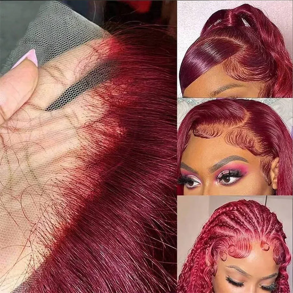 34 بوصة 99j بورجوندي أحمر 13X4 مستقيم الدانتيل الجبهة الباروكات شعر الإنسان الدانتيل الشفاف الباروكات الأمامية للنساء 250% الكثافة