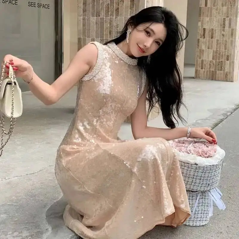 Luxury 2025 Summer Holiday Pearls Sequins Short Dress Women\'s Long Sleve Party Evening Midi Vestidos