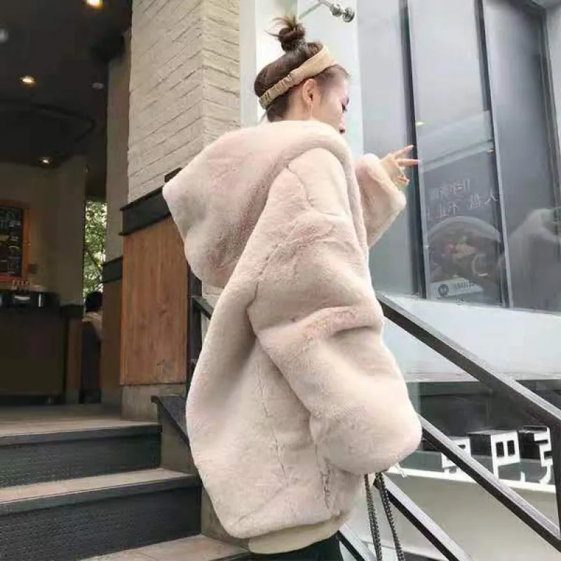 2023 New Autumn Winter Loose Puff Sleeves Coat Plush Fur Coat Women Thick Rabbit Fur Zipper Hooded Coat