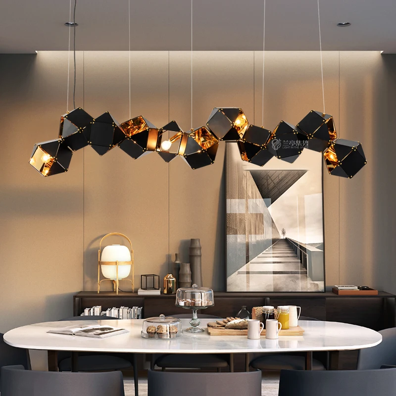 

Modern Black Hardware Hexagonal square LED Chandeliers lustre Hanging wire Ceiling for dining room hanging lighting Dimmable