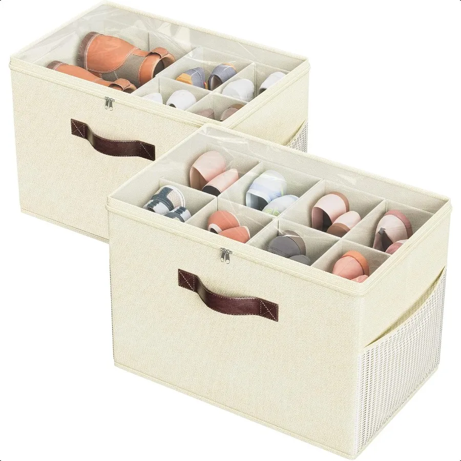 2 Pack Shoe Organizer for Closet Clear Foldable Shoe Storage Containers Adjustable Dividers Fits 16 Pairs Shoe Storage Bins Bas