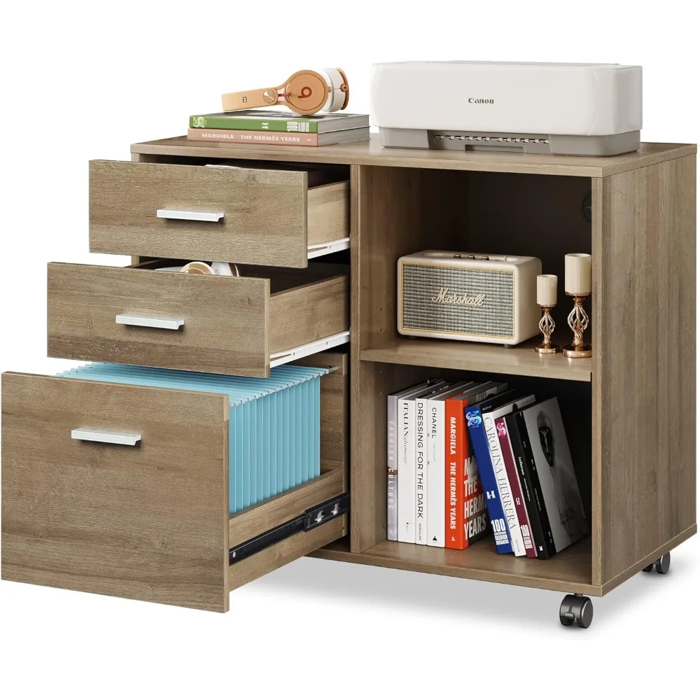 DEVAISE-Classeur en bois 3 MELWood, armoire de classement latérale mobile, support d'imprimante avec étagères de rangement ouvertes pour le bureau à domicile