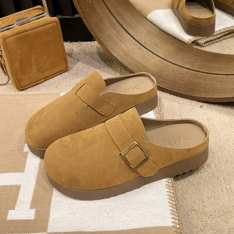 النساء الخريف والشتاء شقة الجلد المدبوغ عدم الانزلاق غطاء ارتداء بلون الرجعية نمط المنزل في الهواء الطلق عارضة المشي نصف النعال #2