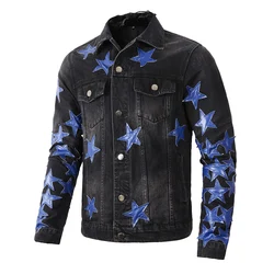 Men's Leather Stars Patches Denim Jacket Streetwear Blue Patchwork Black Cotton Coat Slim Fit Ripped Outerwear