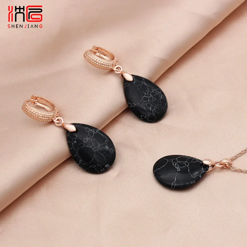 SHENJIANG New Vintage Water Drop Synthetic Turquoises Dangle Earrings Jewelry Sets For Women Wedding Pendant Necklace
